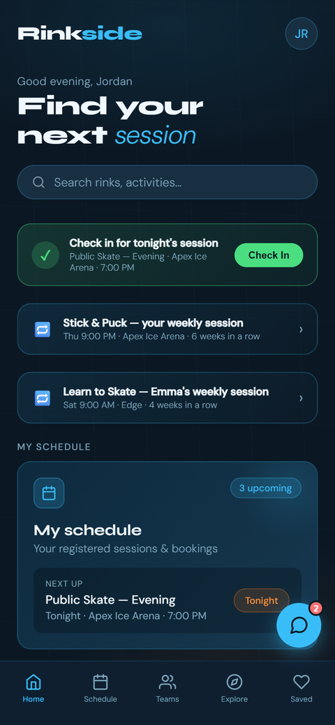 Hi-fi Home screen: Find your next session, a search bar, a green Check In card for tonight's session, recurring sessions and My schedule.