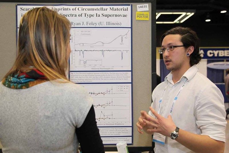 Aaron presenting his supernova research poster to a visitor at the 2014 American Astronomical Society meeting. The poster shows the SN 2011fe spectrum and the line-strength plots.