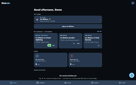 The alpha Home screen in a desktop browser: the same team card, schedule row with In and Out buttons, and rinks section in a centered column with the tab bar along the bottom.