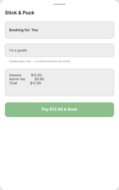 Lo-fi Checkout wireframe: booking for you, an I'm a goalie toggle noting goalies play free, a price breakdown and a Pay $12.99 and Book button.