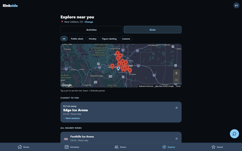 The alpha Explore screen in a desktop browser: filters, the rink map, and the closest rinks in a centered column.