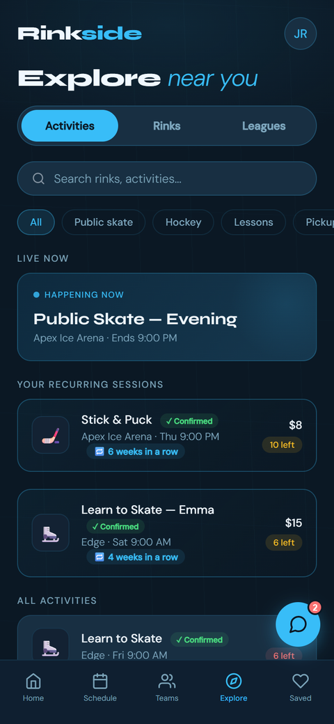 Hi-fi Explore screen: the Activities / Rinks / Leagues toggle, filter chips, a Live now card and sessions with spots left.