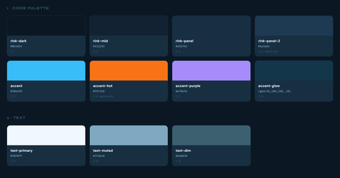 Color tokens: four dark background shades, a sky-blue accent, an orange hot accent, a purple accent, and three text colors (primary, muted, dim).