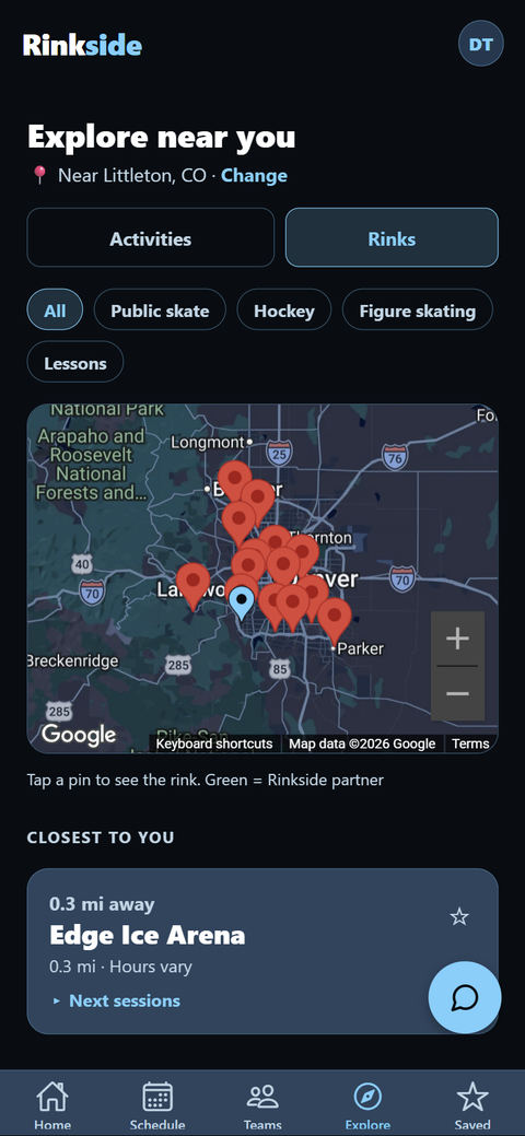 Alpha Explore screen: Activities and Rinks tabs, session-type filters, a Google map of rink pins around Littleton, Colorado, and the closest rink.