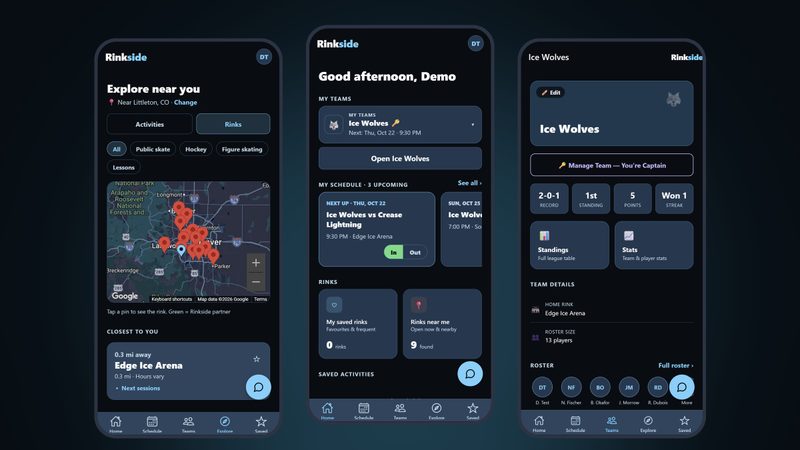 Three screens from the Rinkside alpha: Explore with a map of nearby rinks, Home with the next team game and In/Out RSVP buttons, and a team page with record, standing, standings and stats.