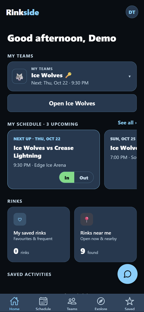 Alpha Home screen: greeting, the user's team with its next game, a My schedule row of upcoming games with In and Out buttons, and rinks near me.